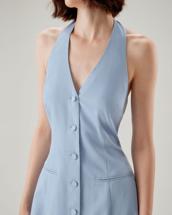 Blue Button Pocket Halter Mini Dress