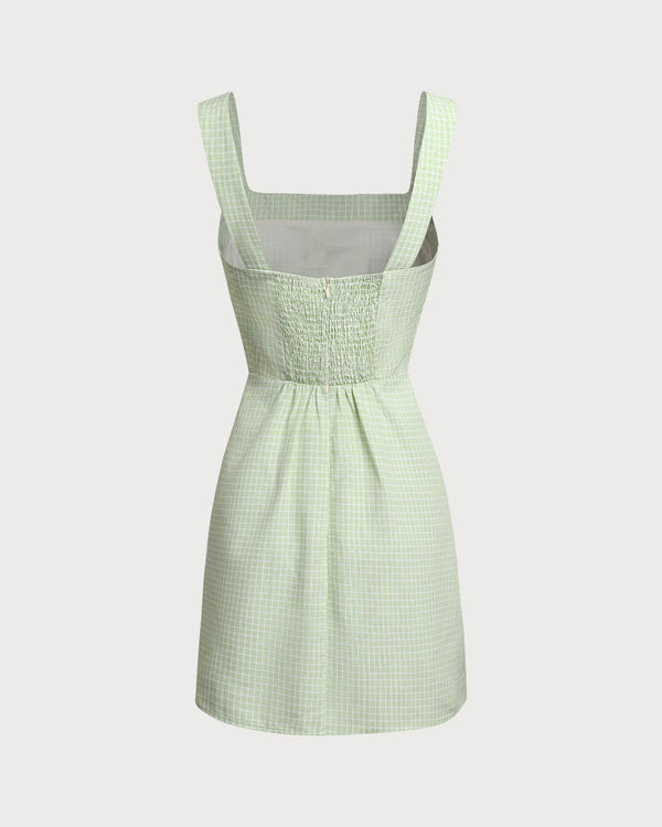 Green Plaid Square Neck Slip Mini Dress