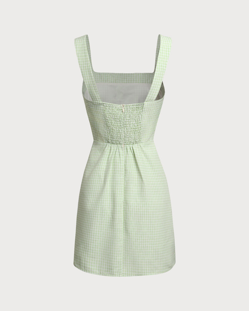 Green Plaid Square Neck Slip Mini Dress