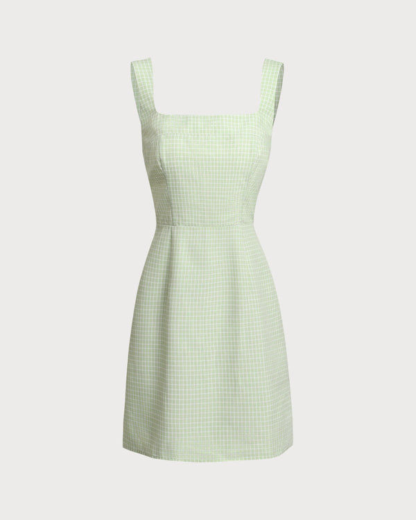 Green Plaid Square Neck Slip Mini Dress