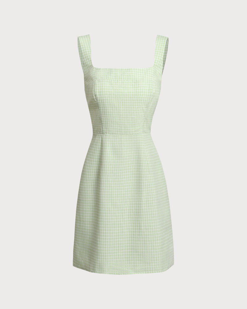 Green Plaid Square Neck Slip Mini Dress