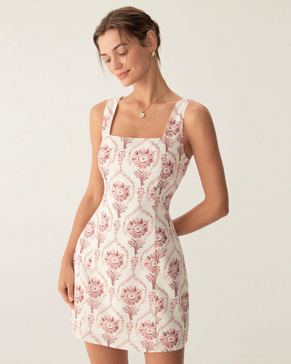 Pink Square Neck Floral Slip Mini Dress