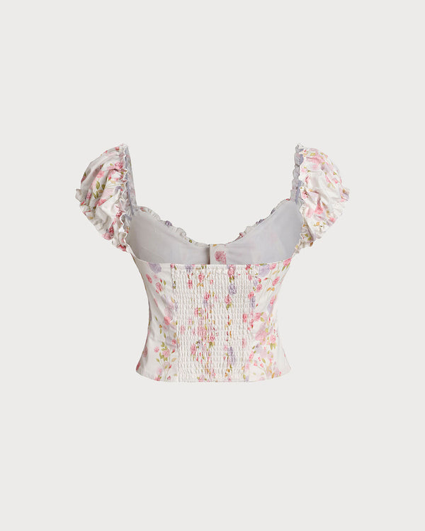 White Floral Puffed Sleeve Shirred Tee
