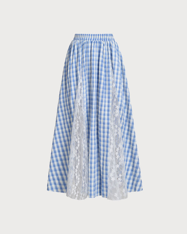 Blue Plaid Elastic Waist Midi Skirt