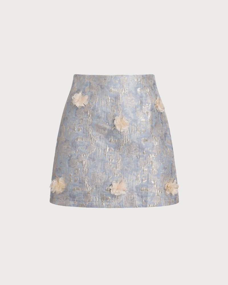 Blue Floral Textured A-Line Mini Skirt