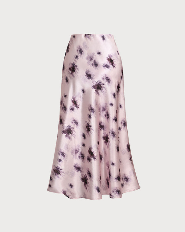 Pink Floral Elastic Waist Straight Midi Skirt