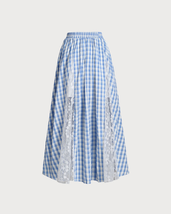 Blue Plaid Elastic Waist Midi Skirt