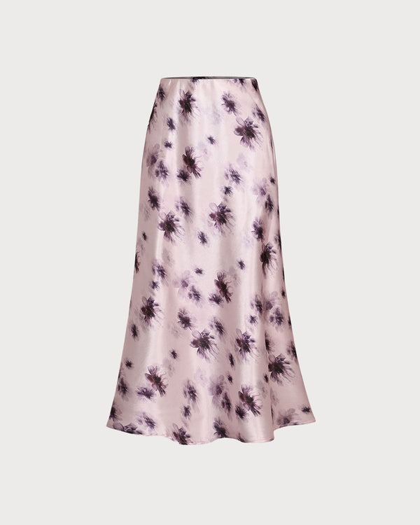 Pink Floral Elastic Waist Straight Midi Skirt