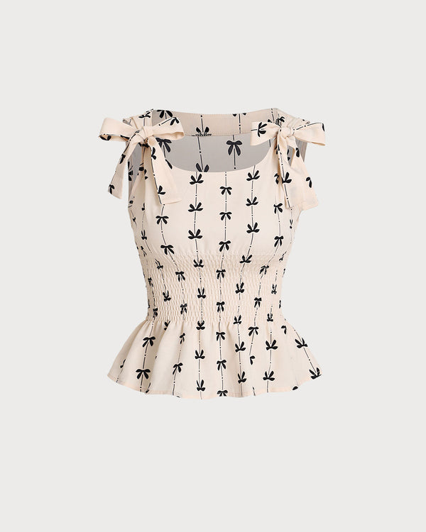 Apricot Shirred Bowknot Tank Top